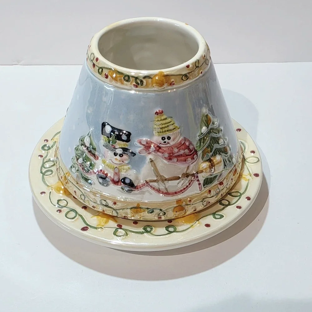 2 Pc Yankee Candle Small Shade Topper Plate Luster Christmas Snowmen Design